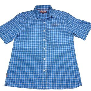 Simms Fishing Mens M Shirt Short Sleeve Button Plaid Blue‎ White Sweetwater Logo